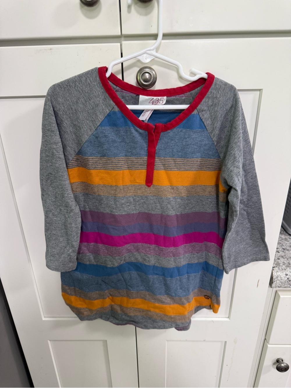Matilda Jane Gray Long-Sleeve Henley with Red Trim and Multicolor Stripes